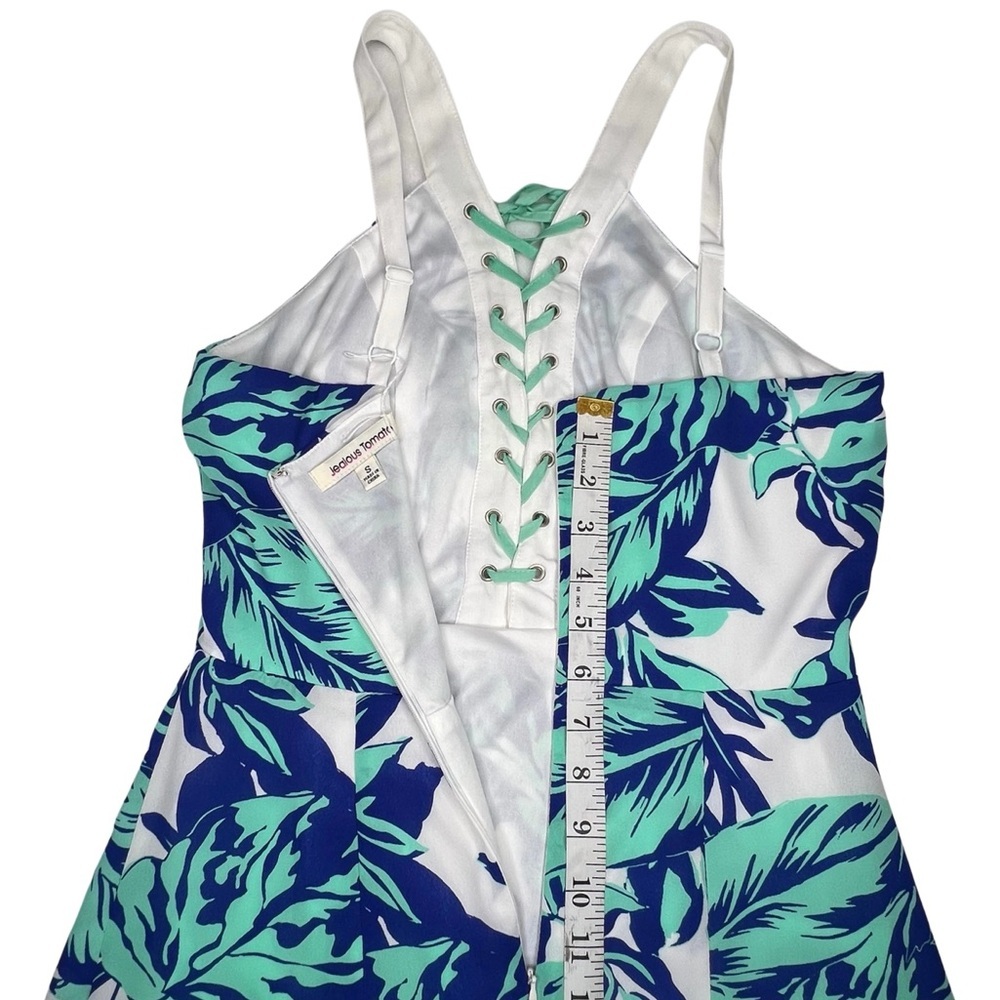 Jealous Tomato Tropical Palm Leaf Lace Up Bodice Dress White Aqua Blue Small S - Picture 9 of 17